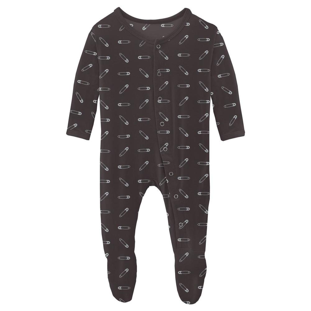 NEW KICKEE kids' print footie with snaps in midnight safety pins